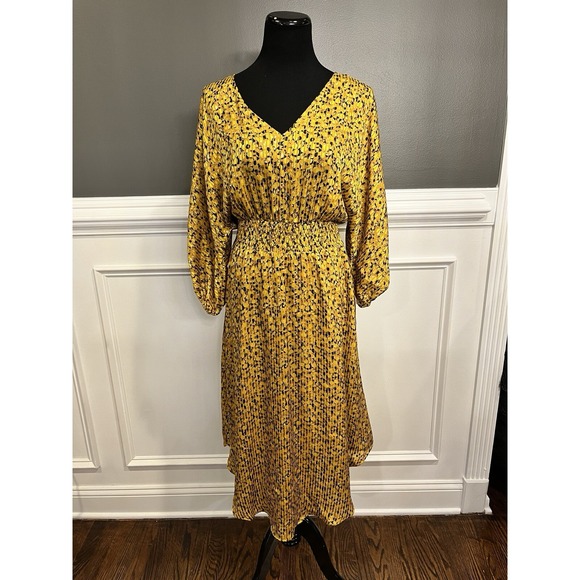 Anthropologie Dresses & Skirts - Anthropologie Dress Mustard Yellow Small Floral Viscose Polyester Silky